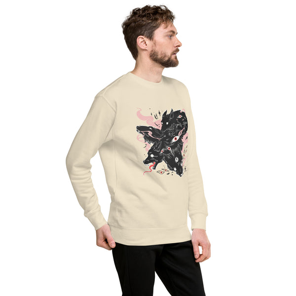 Premium unisex sweatshirt featuring original wolves and floating eyes illustration, soft and cozy design.