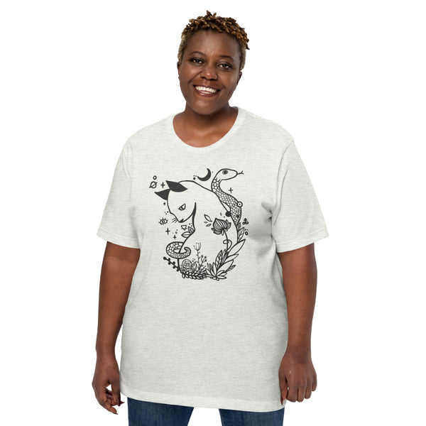 model wearing a cat and snake shirt