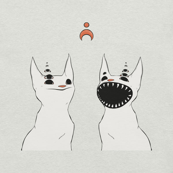 Graphic tee featuring original artwork of two strange cats with unique expressions, perfect for a unisex look.