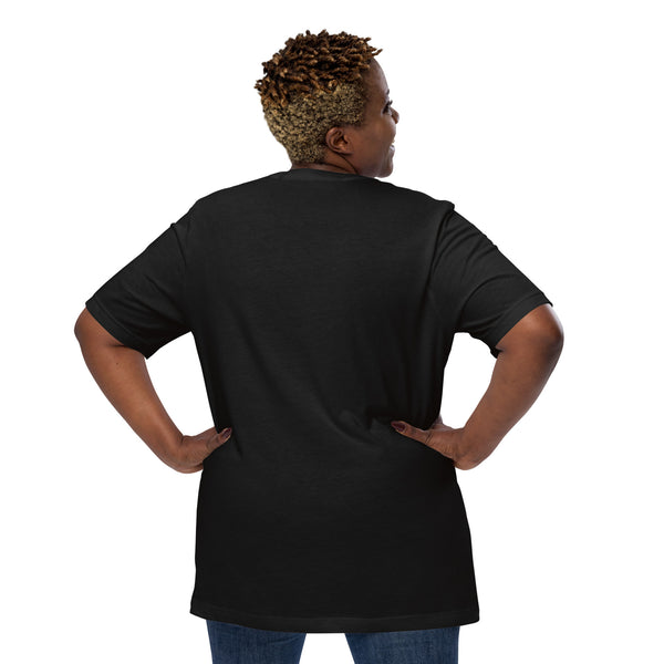 Back view of woman wearing a black Cockatiel Scream, Unisex T-Shirt, showcasing its comfortable and flattering fit.
