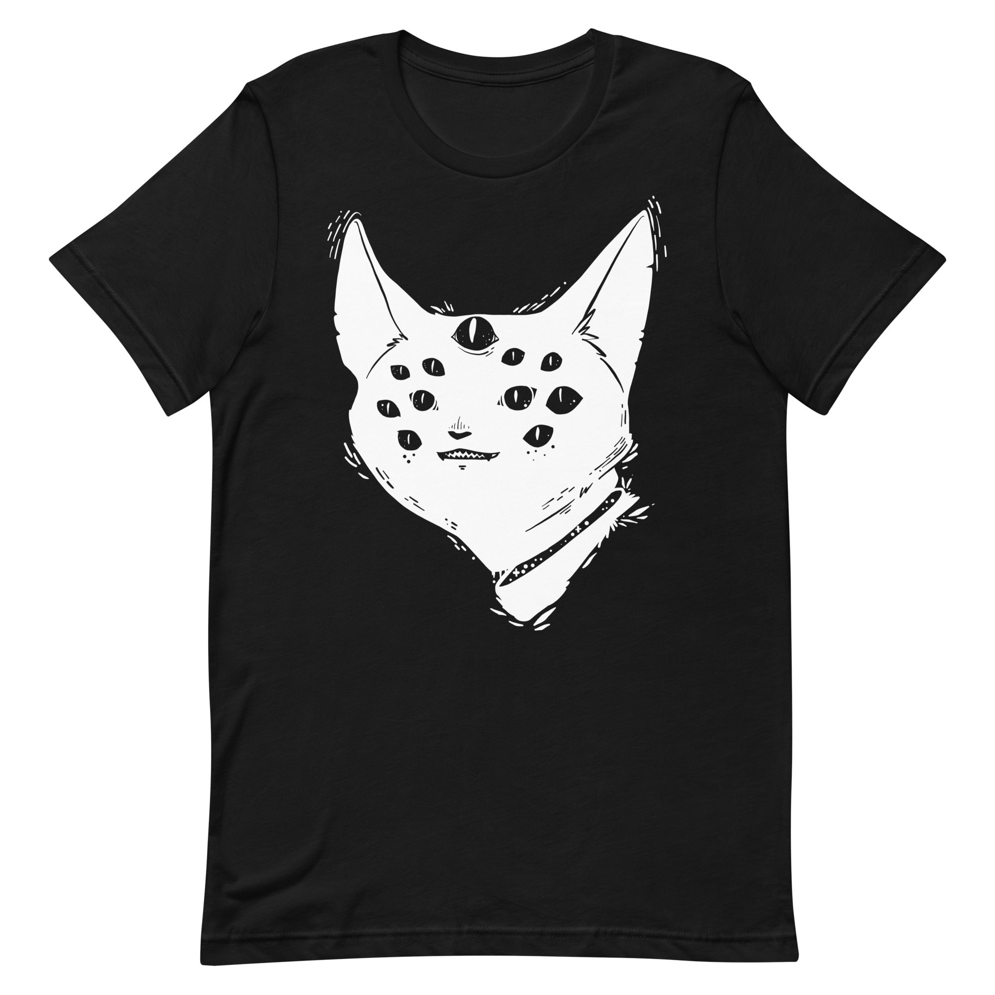 Many-eyed cat creature illustration on unisex black t-shirt, soft and comfortable for all genders.