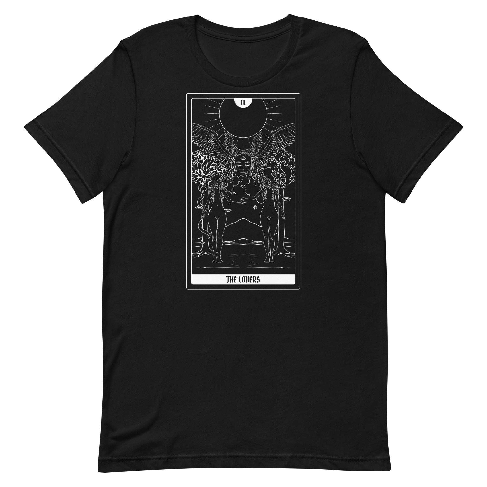 The Lovers tarot card artwork on a black unisex t-shirt, made of soft, eco-friendly cotton.
