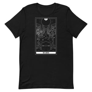 The Lovers tarot card artwork on a black unisex t-shirt, made of soft, eco-friendly cotton.