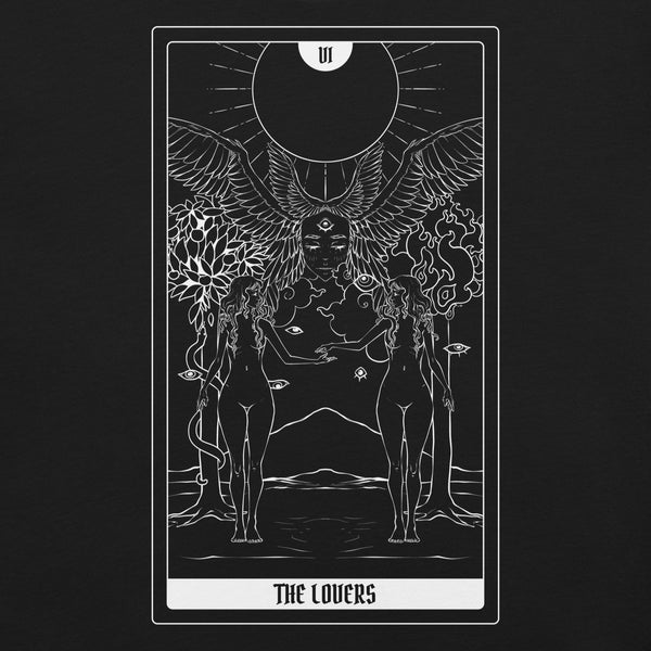 Graphic design of The Lovers tarot card featuring two figures and symbolic elements, perfect for a unisex t-shirt.