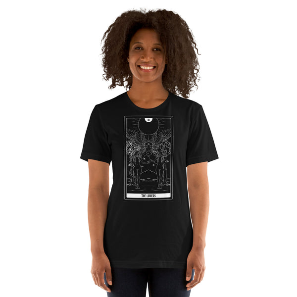 Unisex t-shirt featuring The Lovers tarot card original artwork, soft and eco-friendly.