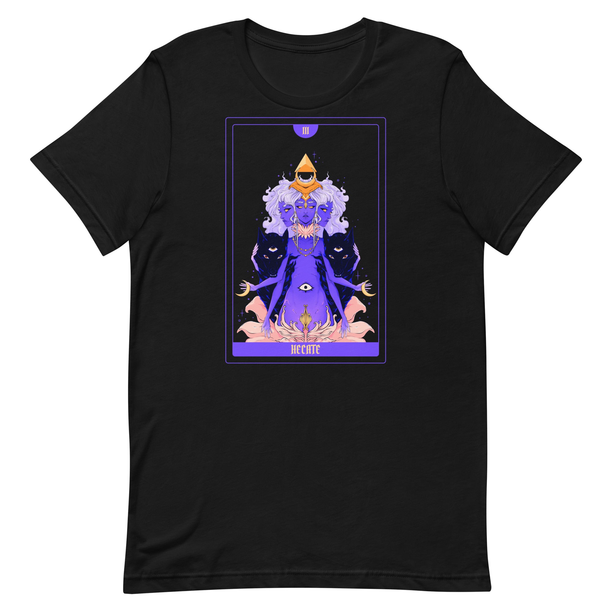 Hecate Tarot Card design on a unisex black t-shirt, featuring original illustration and soft eco-friendly fabric.