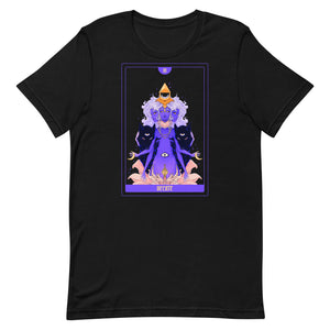 Hecate Tarot Card design on a unisex black t-shirt, featuring original illustration and soft eco-friendly fabric.