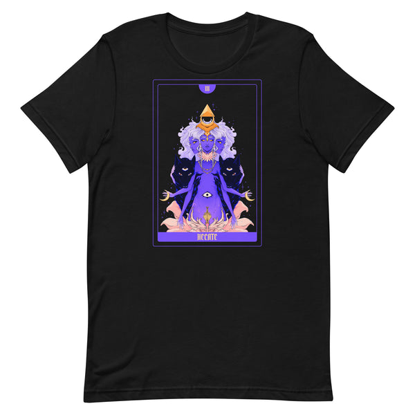 Hecate Tarot Card design on a unisex black t-shirt, featuring original illustration and soft eco-friendly fabric.