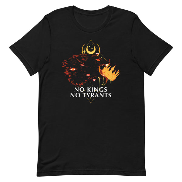 No Kings Wolf unisex t-shirt featuring a wolf biting a crown and the text 'No Kings No Tyrants' on a black background.