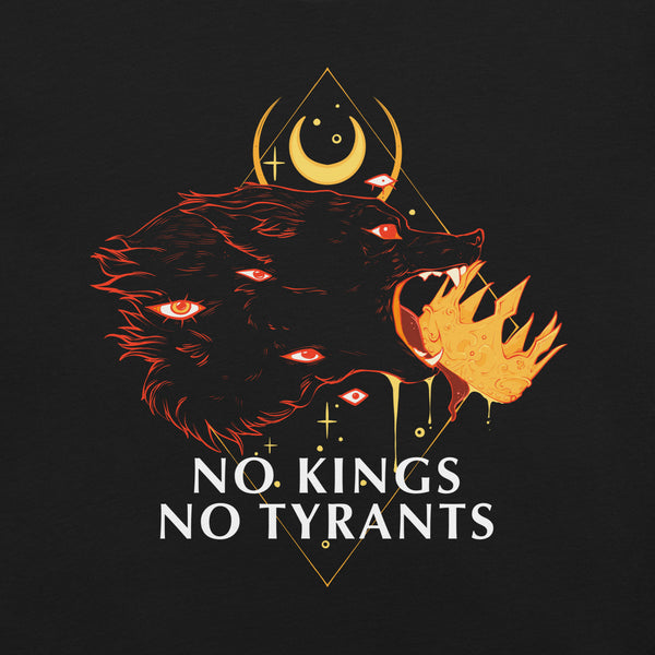 Graphic tee featuring a wolf biting a crown with the text 'No Kings No Tyrants' in bold letters.