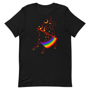 Creepy cute black cat illustration holding a rainbow pride flag on a black unisex t-shirt.