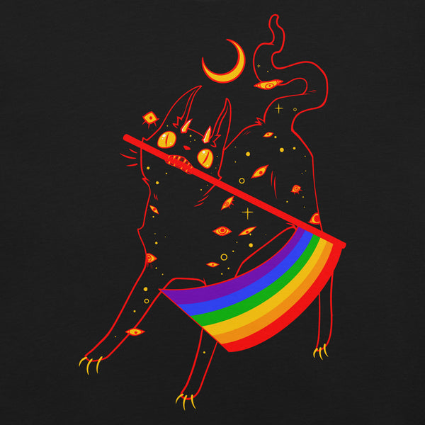 Creepy cute black cat holding a pride flag design on a black unisex t-shirt, perfect for LGBTQ+ pride.