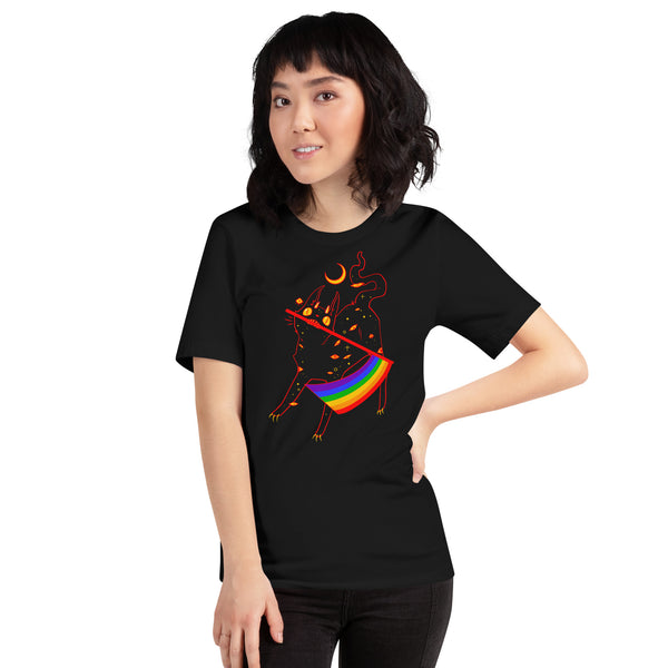 Unisex t-shirt with a colorful cat design holding a rainbow pride flag, perfect for LGBTQ+ pride and casualwear.