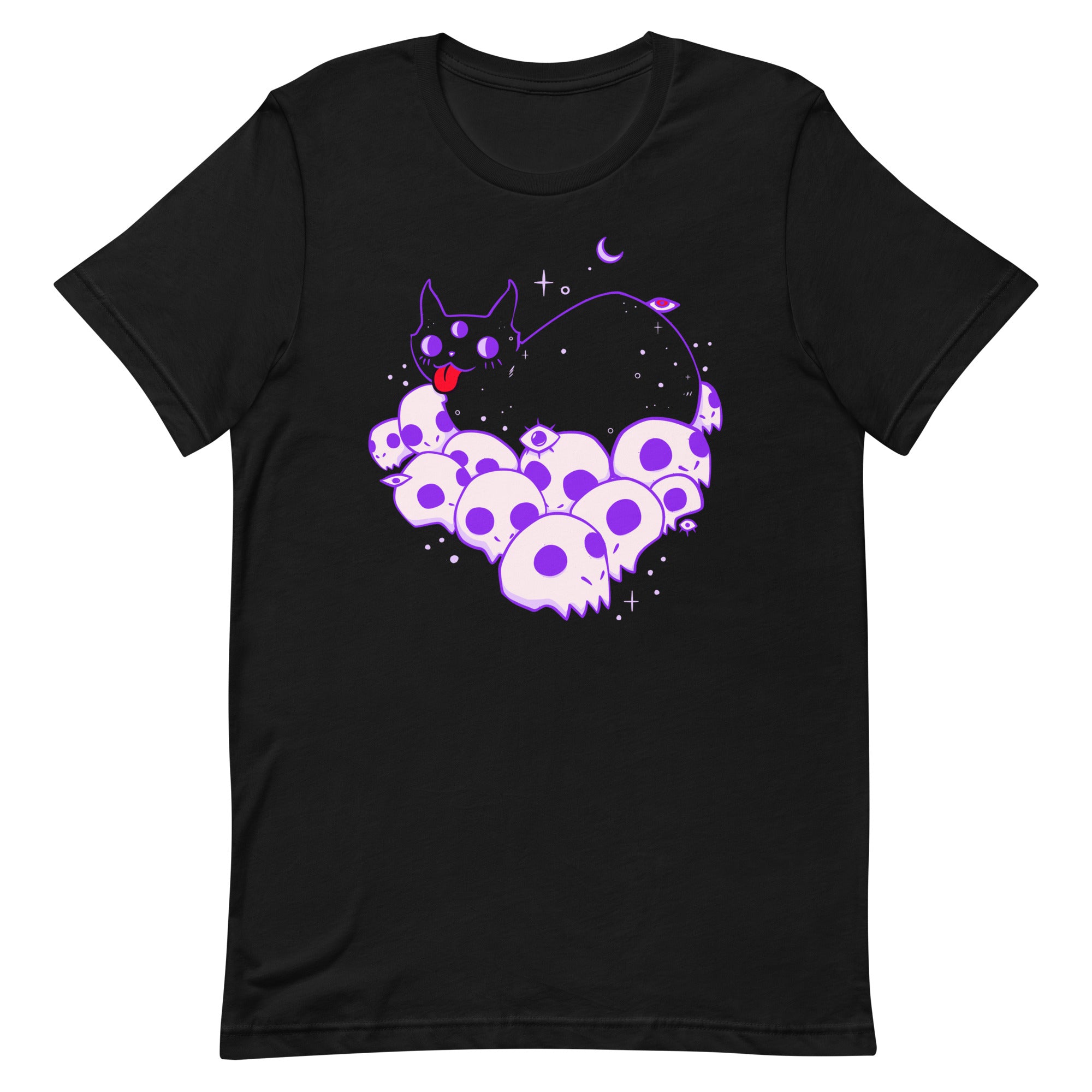 Black cat illustration on a bed of colorful skulls, unisex graphic tee, soft and eco-friendly fabric.