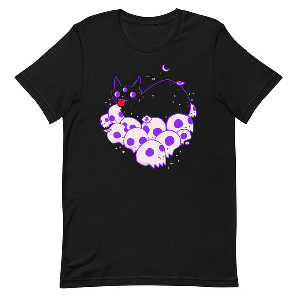 Black cat illustration on a bed of colorful skulls, unisex graphic tee, soft and eco-friendly fabric.