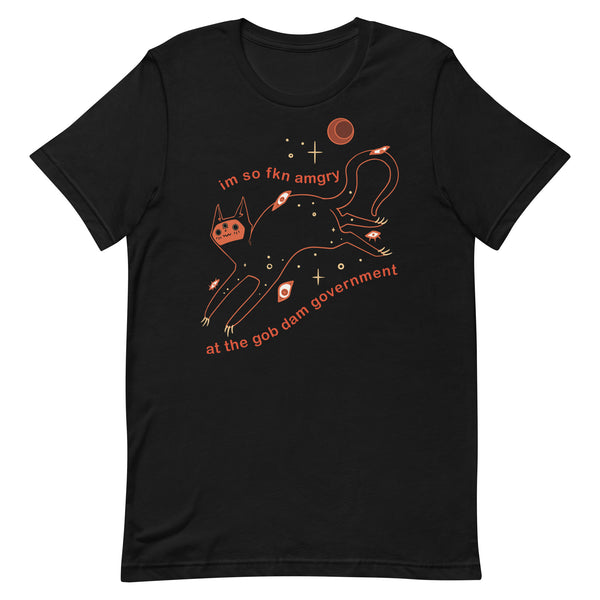 Amgry Orion, Unisex T-Shirt featuring original illustration of Orion the black cat with meme text.