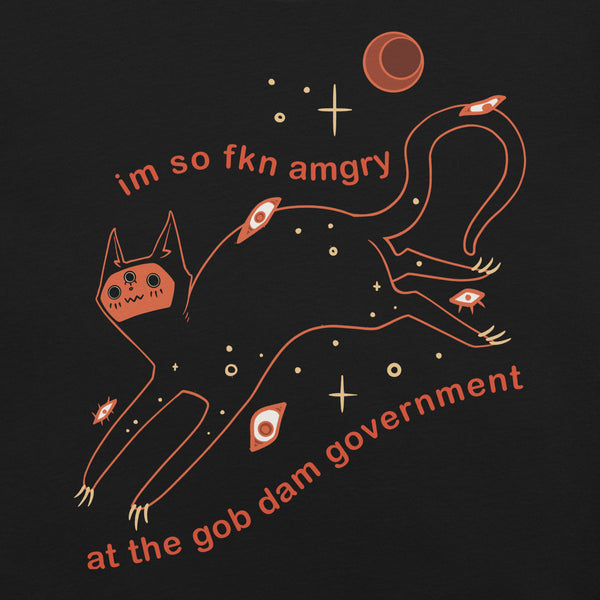 Amgry Orion, Unisex T-Shirt featuring a black cat illustration with meme text about government frustration.
