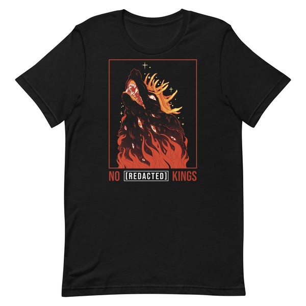 No Kings Wolf, Unisex T-Shirt with a graphic illustration of a wolf crowned with antlers against a black background.
