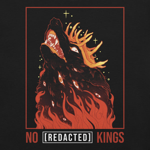 No Kings Wolf, Unisex T-Shirt featuring an illustration of a mad Wolf King with antlers in flames.