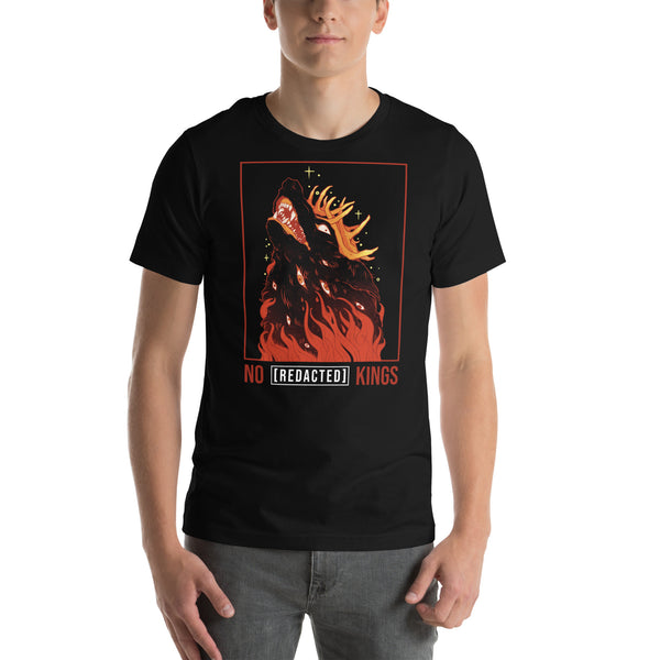 man wearing the no kings t-shirt