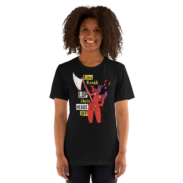 Person wearing a black Live Laugh Lop, Unisex T-Shirt with original Pyra illustration and punk rock font design.
