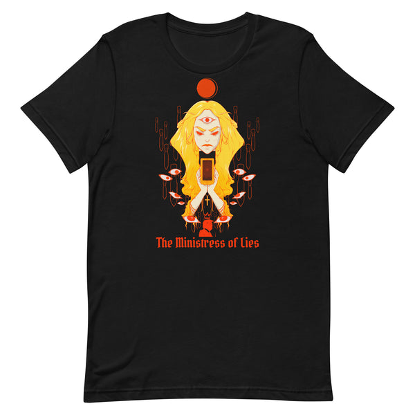 The Ministress of Lies, Unisex T-Shirt featuring an original illustration with a striking design.