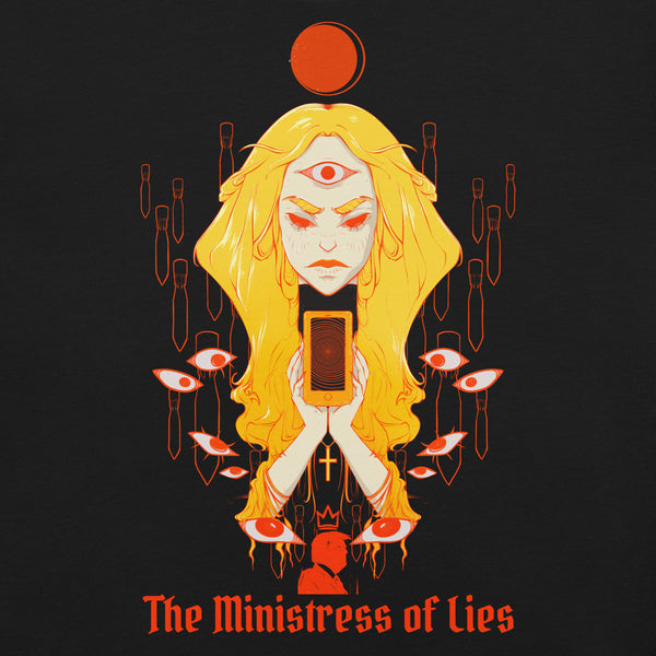 The Ministress of Lies, Unisex T-Shirt featuring an original illustration with vibrant colors and symbolic imagery.