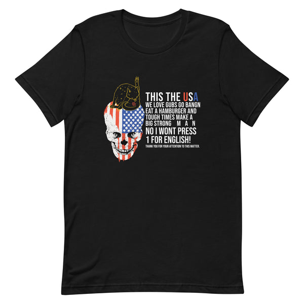 This The USA, Unisex T-Shirt featuring a bold graphic design with a skull and American flag.