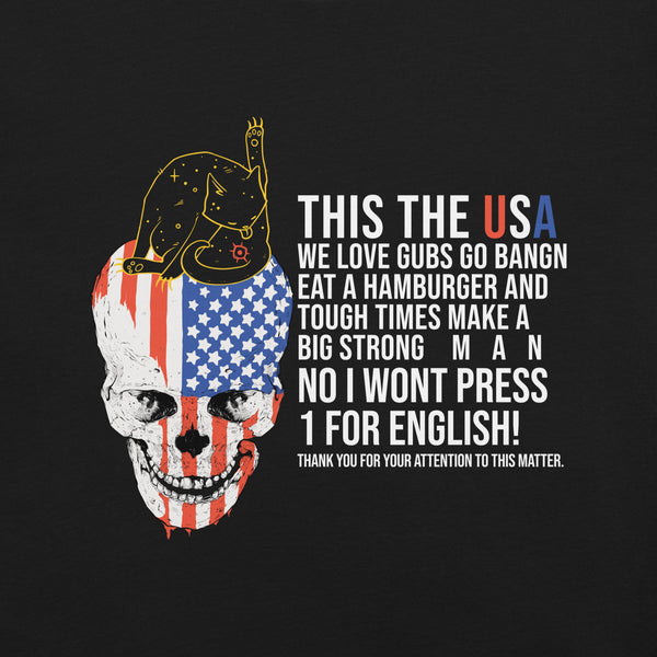 This The USA, Unisex T-Shirt featuring graphic design of a skull and American flag, perfect for strong individuals.