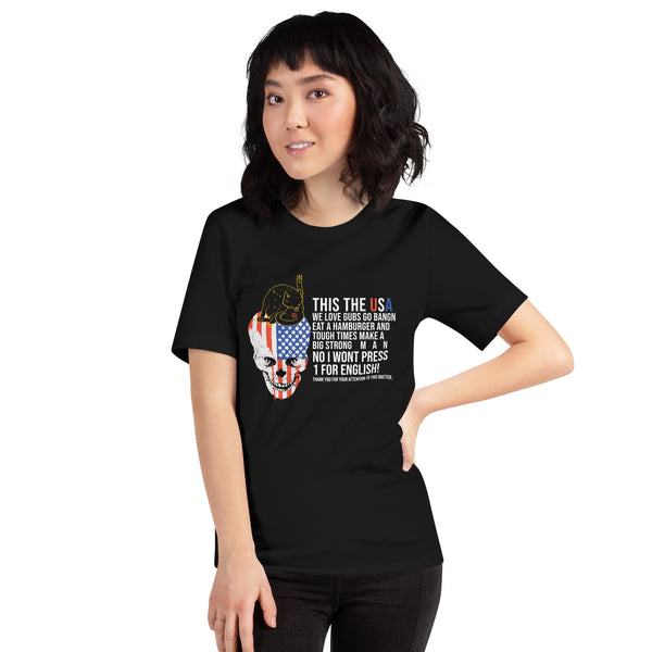 This The USA, Unisex T-Shirt design featuring a graphic and message, worn by a model in a black tee.