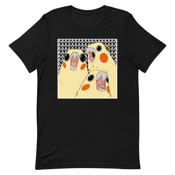 Cockatiel Scream, Unisex T-Shirt featuring an original illustration of cockatiels screaming.