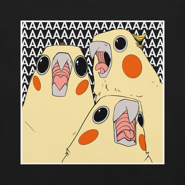 Cockatiel Scream, Unisex T-Shirt featuring three colorful cockatiels with open beaks.