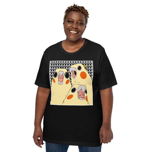 Cockatiel Scream, Unisex T-Shirt featuring cockatiels with open beaks in a fun graphic design.