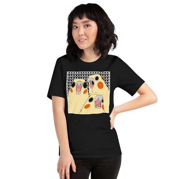Cockatiel Scream, Unisex T-Shirt featuring original illustration of cockatiels on a black tee.