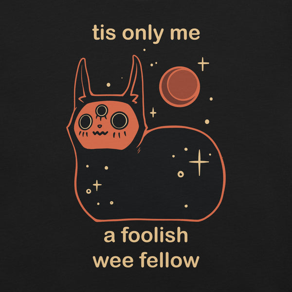 Orion Wee Fellow, Unisex T-Shirt featuring a playful illustration of a black cat with stars and text design.