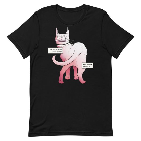 Lets Go Into The Forest, Unisex T-Shirt featuring a cute spider eyed cat illustration and meme text.