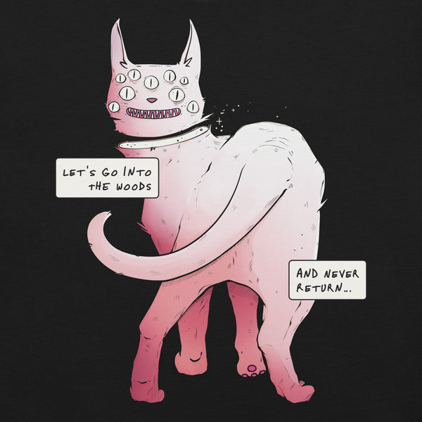 Lets Go Into The Forest, Unisex T-Shirt featuring a cute spider eyed cat illustration with meme text.
