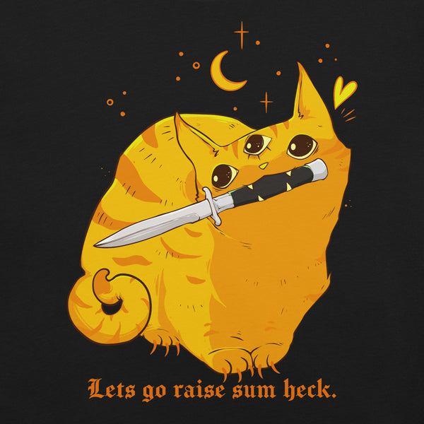 Cute orange cat graphic on a t-shirt with text 'lets go raise some heck', featuring Raise Some Heck, Unisex T-Shirt.