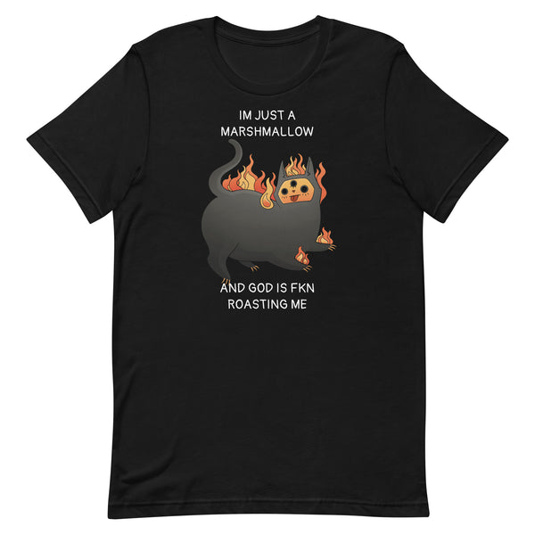 Just A Marshmallow, Unisex T-Shirt featuring a cat illustration and a humorous quote.