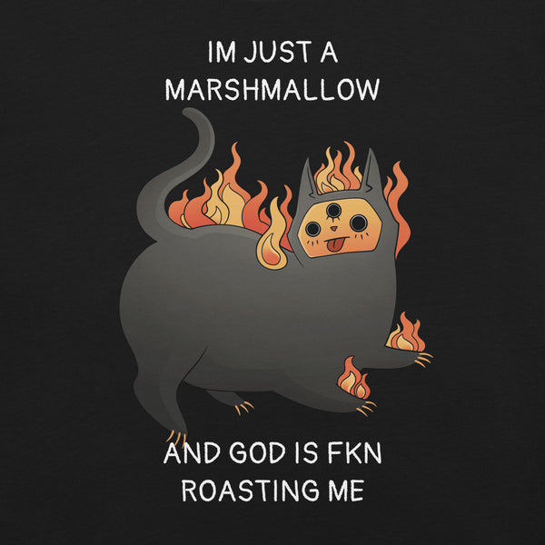 Just A Marshmallow, Unisex T-Shirt featuring a cat illustration with a humorous quote on a black background.