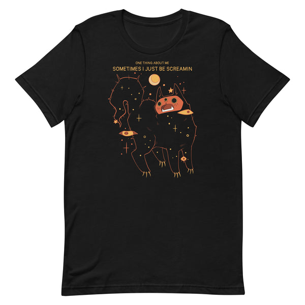 I Be Screamin, Unisex T-Shirt featuring a cat illustration and meme quote on a black background.