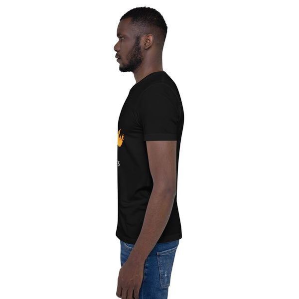 Side view of a man wearing the No Kings Wolf unisex t-shirt featuring a wolf biting a crown design.