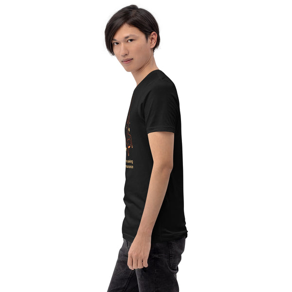 Model wearing Orion Insurance, Unisex T-Shirt featuring a black cat illustration and meme text.