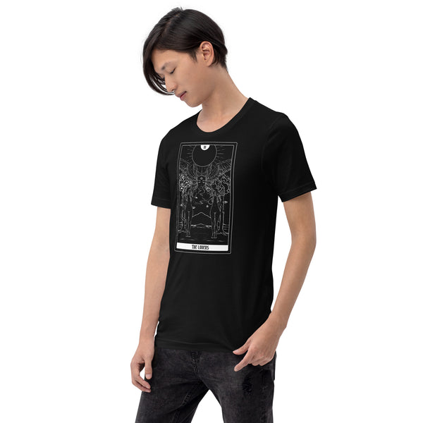 Unisex t-shirt with The Lovers tarot card design, featuring original artwork on a black lightweight fabric.