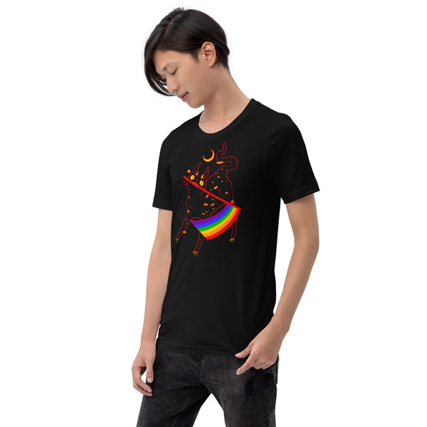 Unisex t-shirt featuring a colorful illustration of a cat holding a pride flag on a black background.