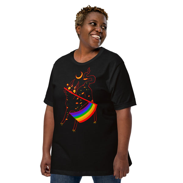Unisex t-shirt featuring a cute black cat illustration with a pride flag, made of soft eco-friendly cotton.