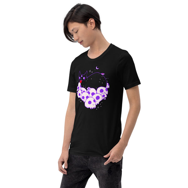 Unisex black t-shirt featuring cute cat illustration on skulls, eco-friendly fabric, comfortable design for all.