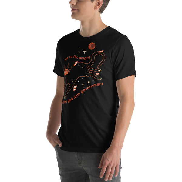 Amgry Orion, Unisex T-Shirt featuring original illustration of Orion the black cat with meme style text.
