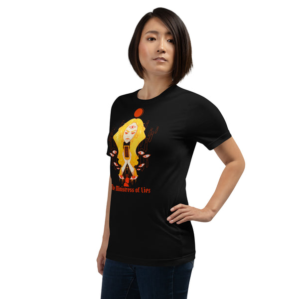 Model wearing The Ministress of Lies, Unisex T-Shirt with original illustration on a black background.