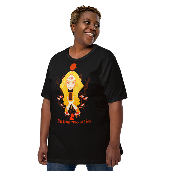 The Ministress of Lies, Unisex T-Shirt featuring original illustration on a black tee.